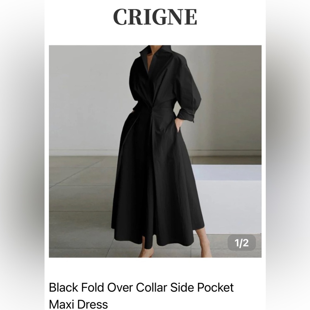 Black Fold Over Collar Side Pocket Maxi Dress